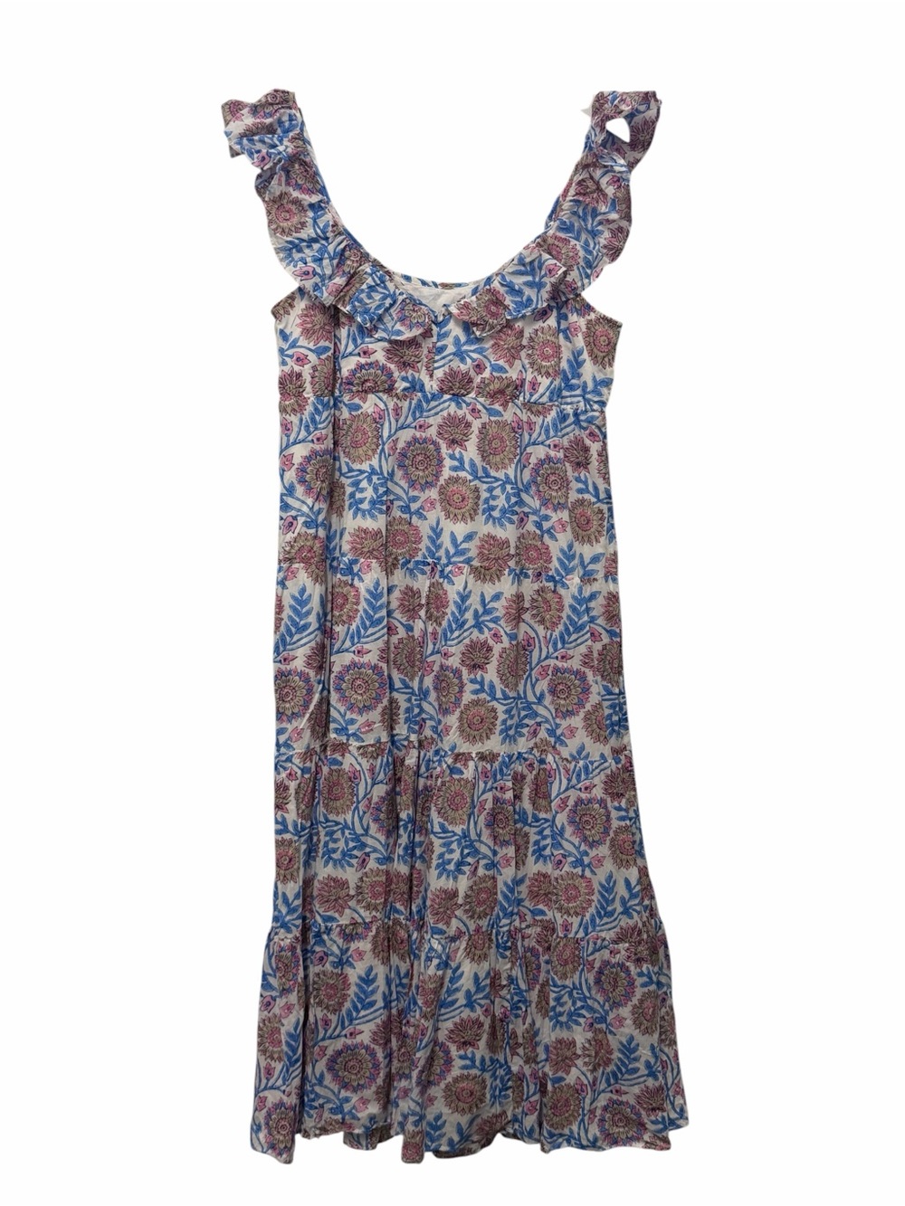 J.Crew Block Print Floral Midi Dress Large Ruffle Strap Cottagecore Boho - Picture 3 of 5